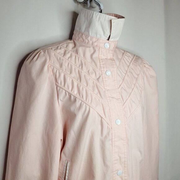 Vintage 80s Baby Pink Jacket Cotton Blend Sz S Snap Closure Gathered Shoulders - Picture 7 of 11
